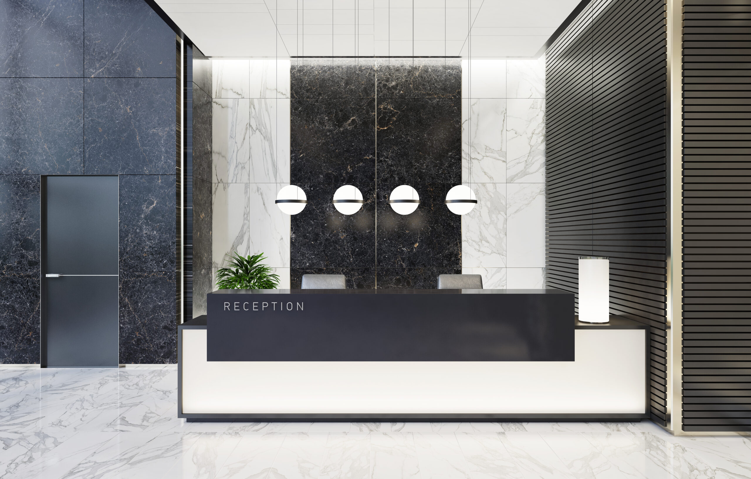 Modern and luxurious Offices lobby interior area with elevators and stairs. Long reception desk.
Black marble wall tiles decoration. 3d rendering