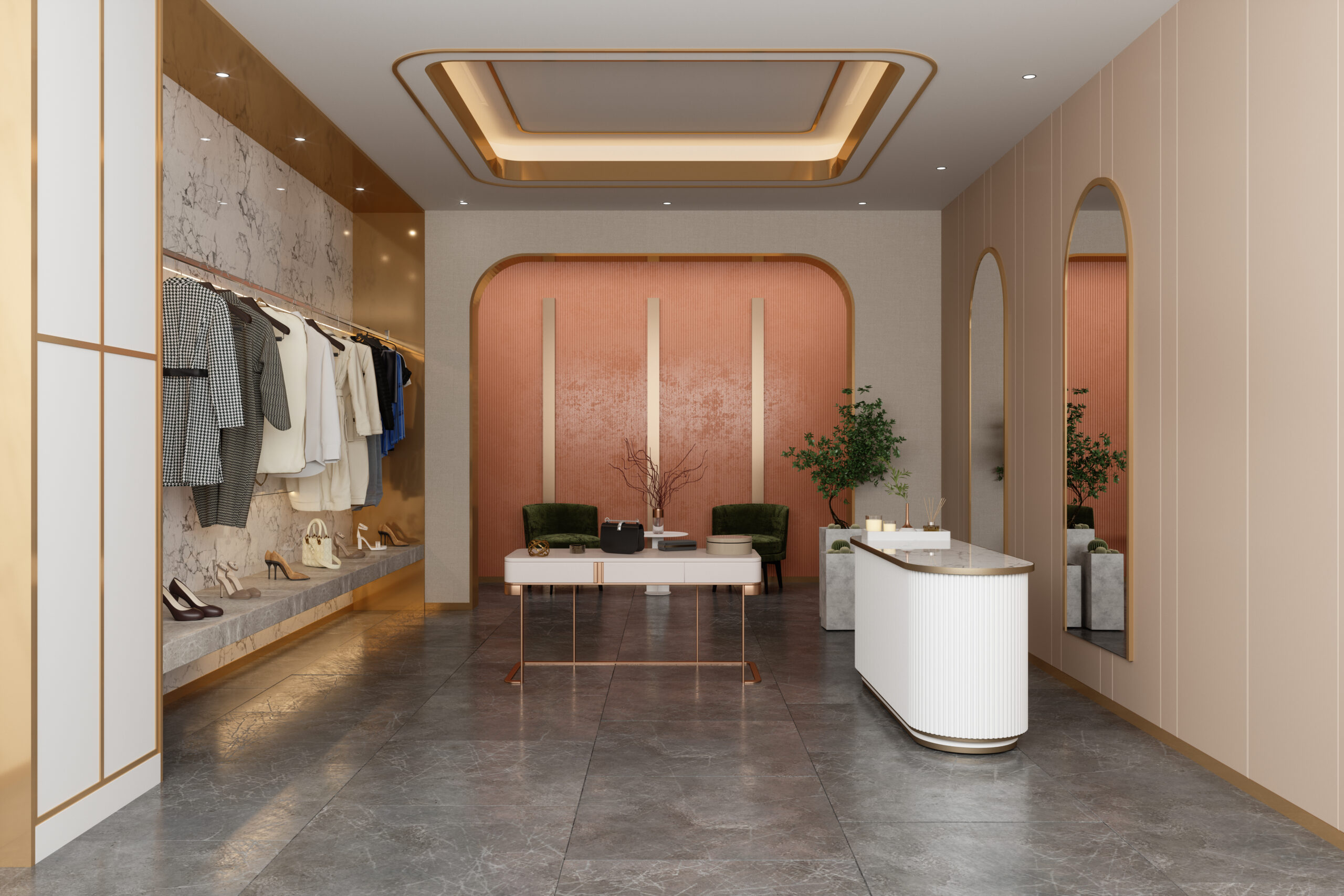 Interior Of Luxury Clothing Store With Clothes, Shoes And Other Personal Accessories