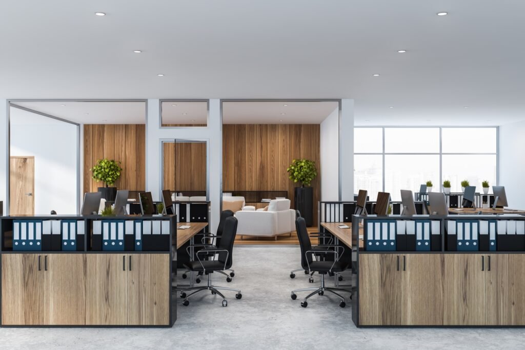 Bright open-plan office with wood walls and panoramic windows in Montreal