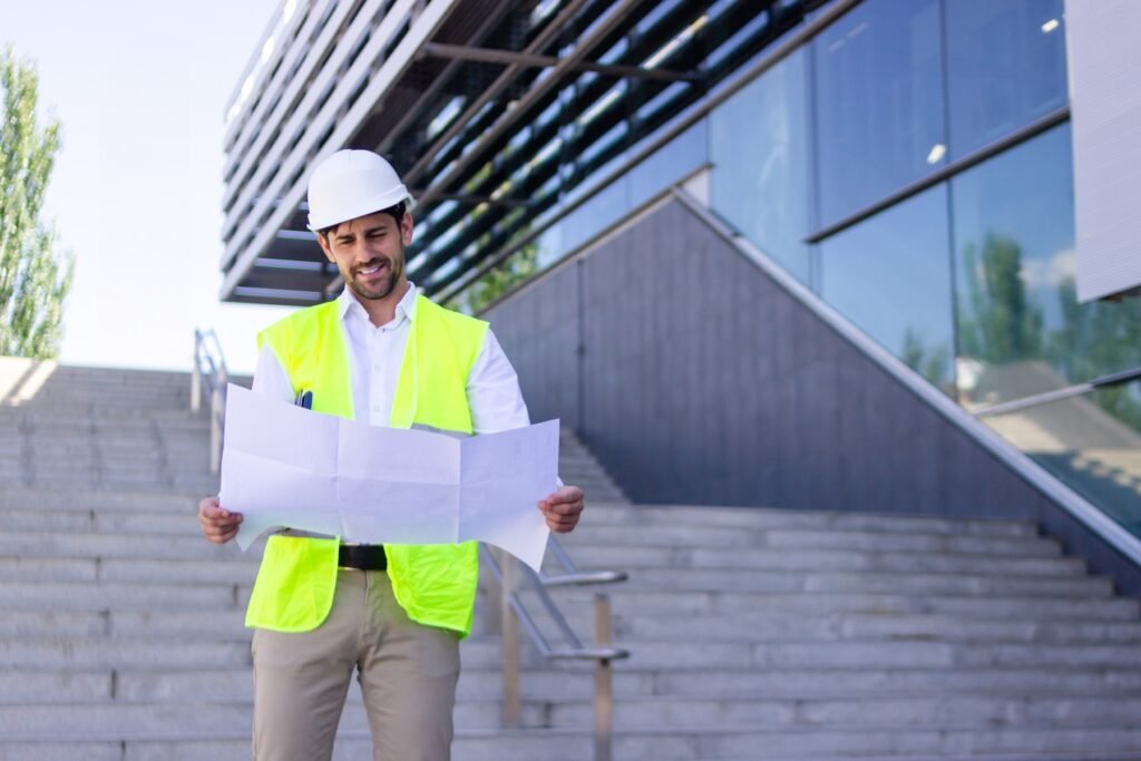 Construction professional reviewing office fit-out plans outside a modern building