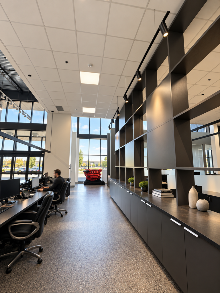 Bureaux et salle de montre ADF Diesel à Kirkland, avec rangements anthracite et grande fenestration.
